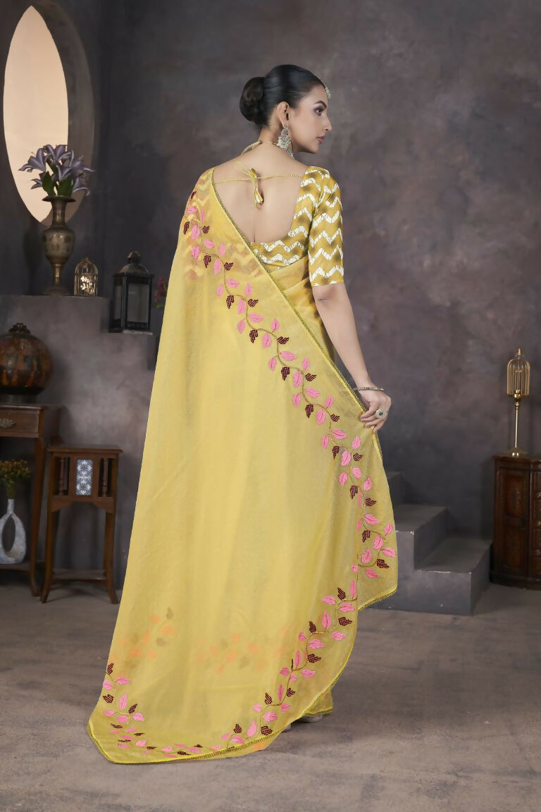 Vastranavya Gold Soft Crush Georgette Thread Embroidery work of Leaf Pattern with Patched Lace Border Saree | Grocsy