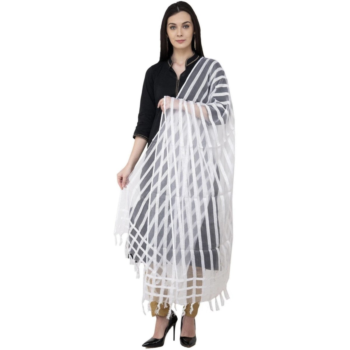 A R Silk Moti Luv Luv Stripe Regular Dupatta White Color Dupatta or Chunni | Grocsy