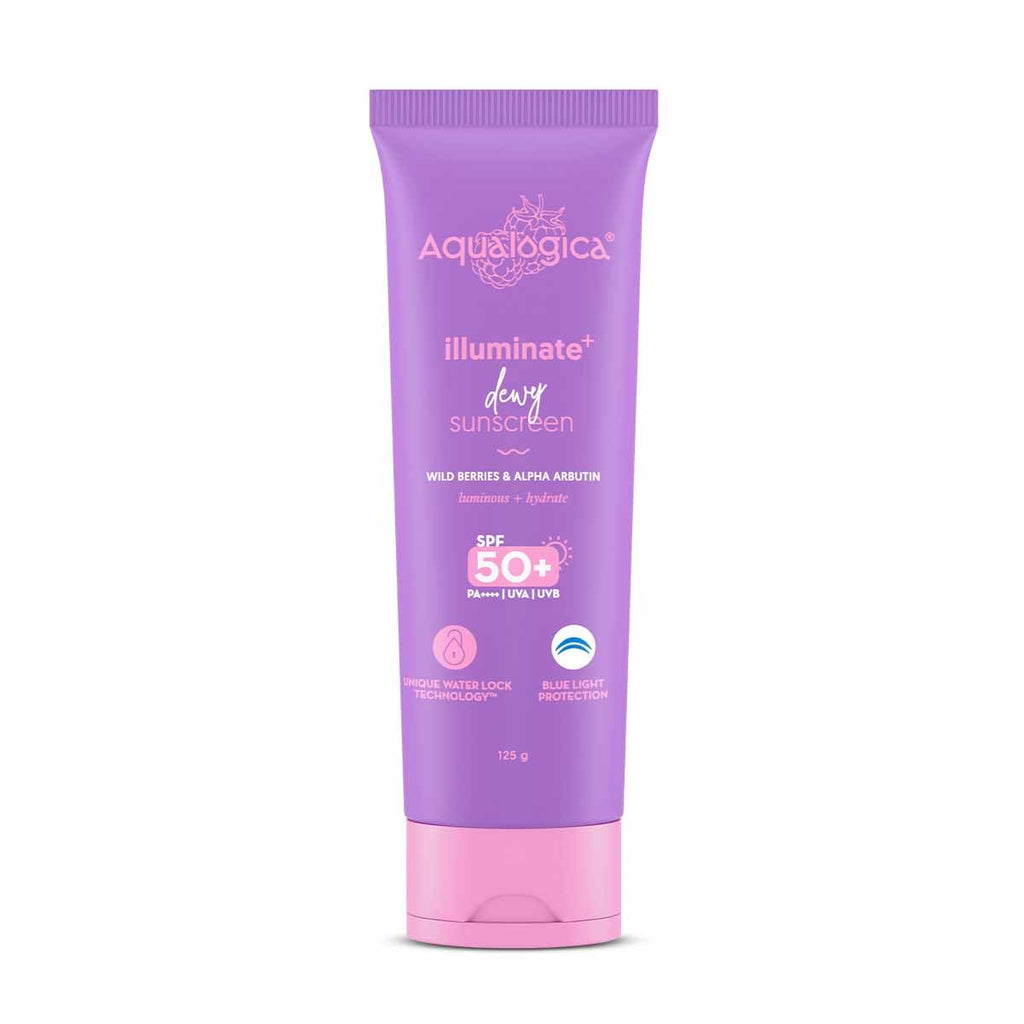 Aqualogica Illuminate+ Dewy Sunscreen SPF 50+ PA++++ with Wild Berries & Alpha Arbutin, Protection Against Uva/B & Blue Light Protection | Grocsy