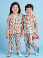 Breathables Woven Cotton Half Sleeves Bus Cars Shirt & Pyjama White | Grocsy