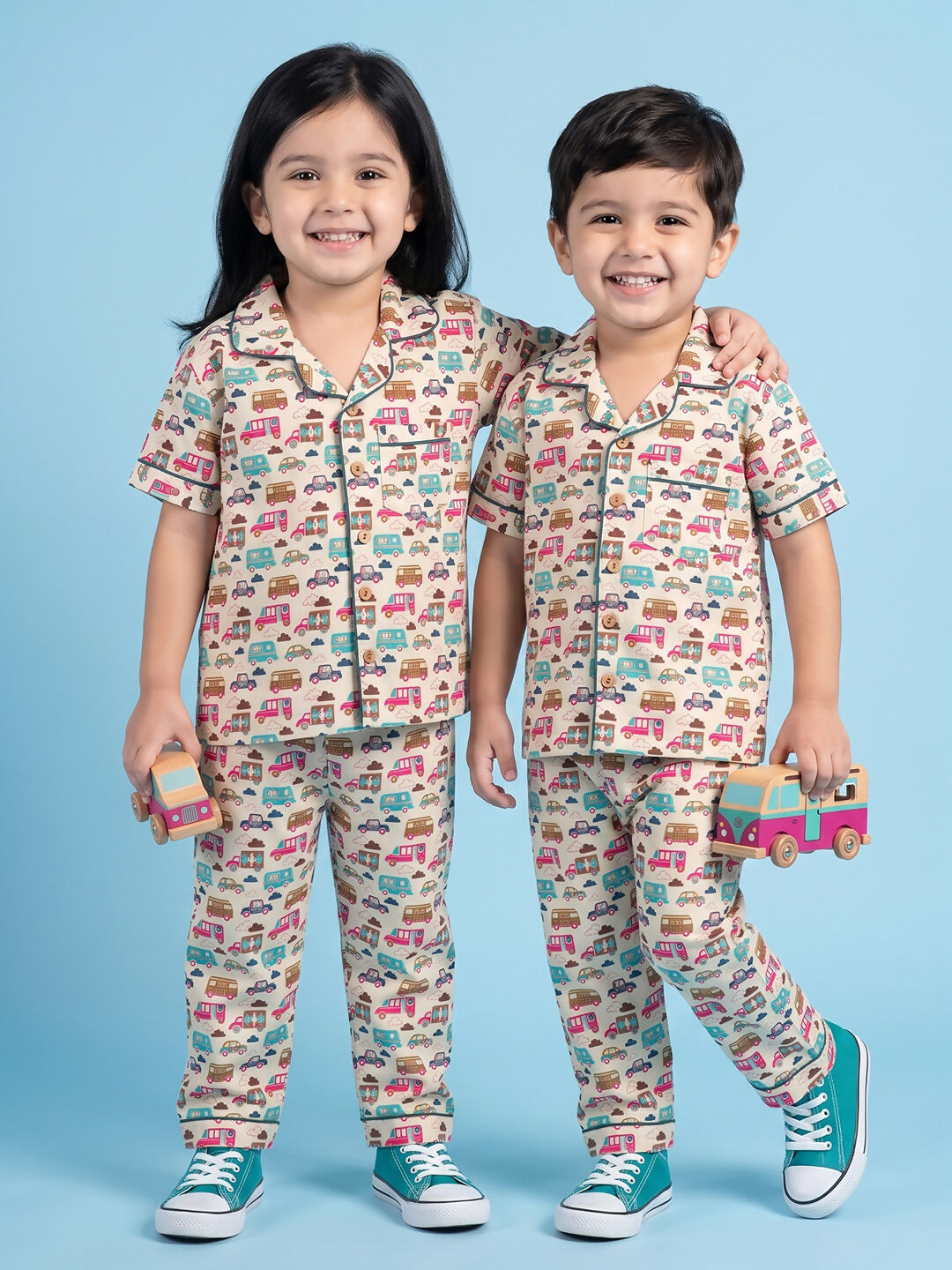 Breathables Woven Cotton Half Sleeves Bus Cars Shirt & Pyjama White | Grocsy