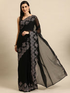 Ahalyaa Women's Traditional Semi Stitch Saree - Black | Grocsy