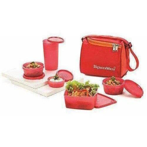Signoraware Plastic Lunch Box Set with Bag Set, 5-Pieces, Red | Grocsy