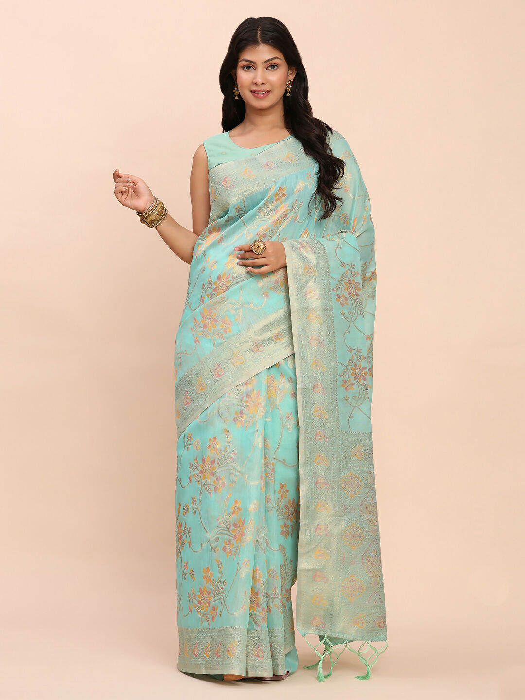 Shree Shyam Fashion Linen Cotton Sea Green Saree | Grocsy