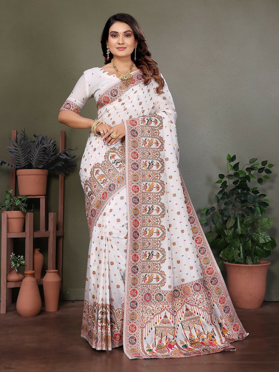 Joban Fashion White Thread Woven Pashmina Sarees | Grocsy