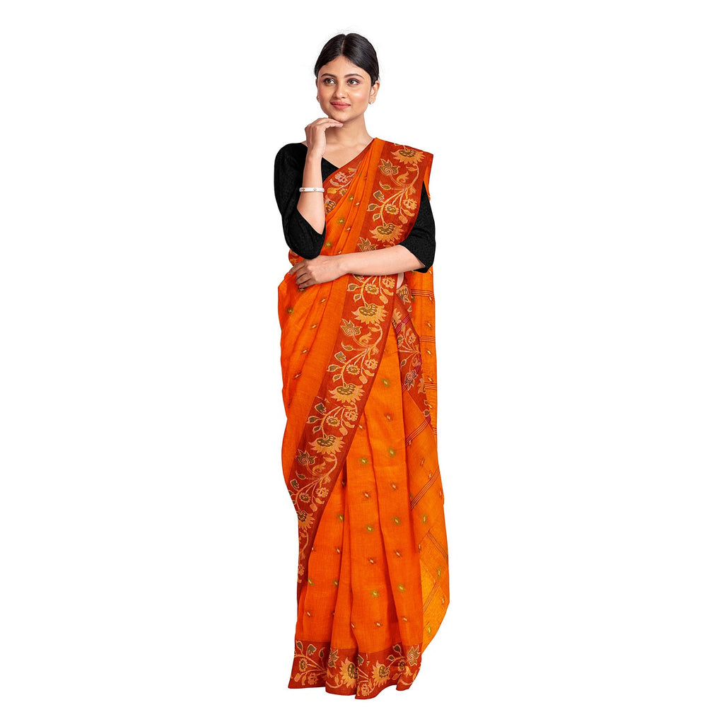 Exclusive Collection 100% Pure Cotton Orange Tant Saree With Hand Weaving Work | Grocsy