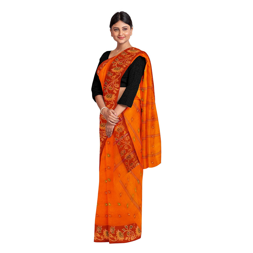 Exclusive Collection 100% Pure Cotton Orange Tant Saree With Hand Weaving Work | Grocsy