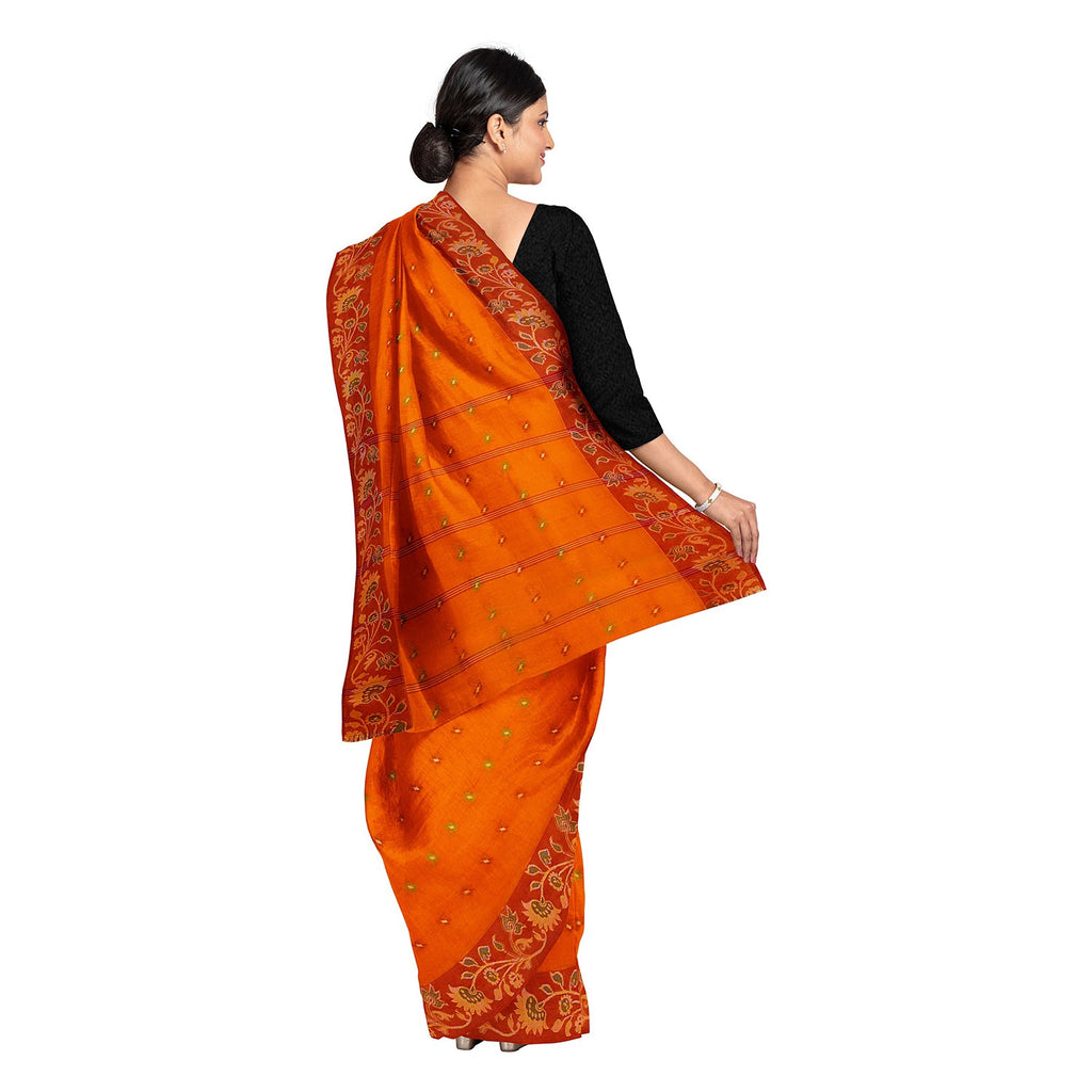 Exclusive Collection 100% Pure Cotton Orange Tant Saree With Hand Weaving Work | Grocsy