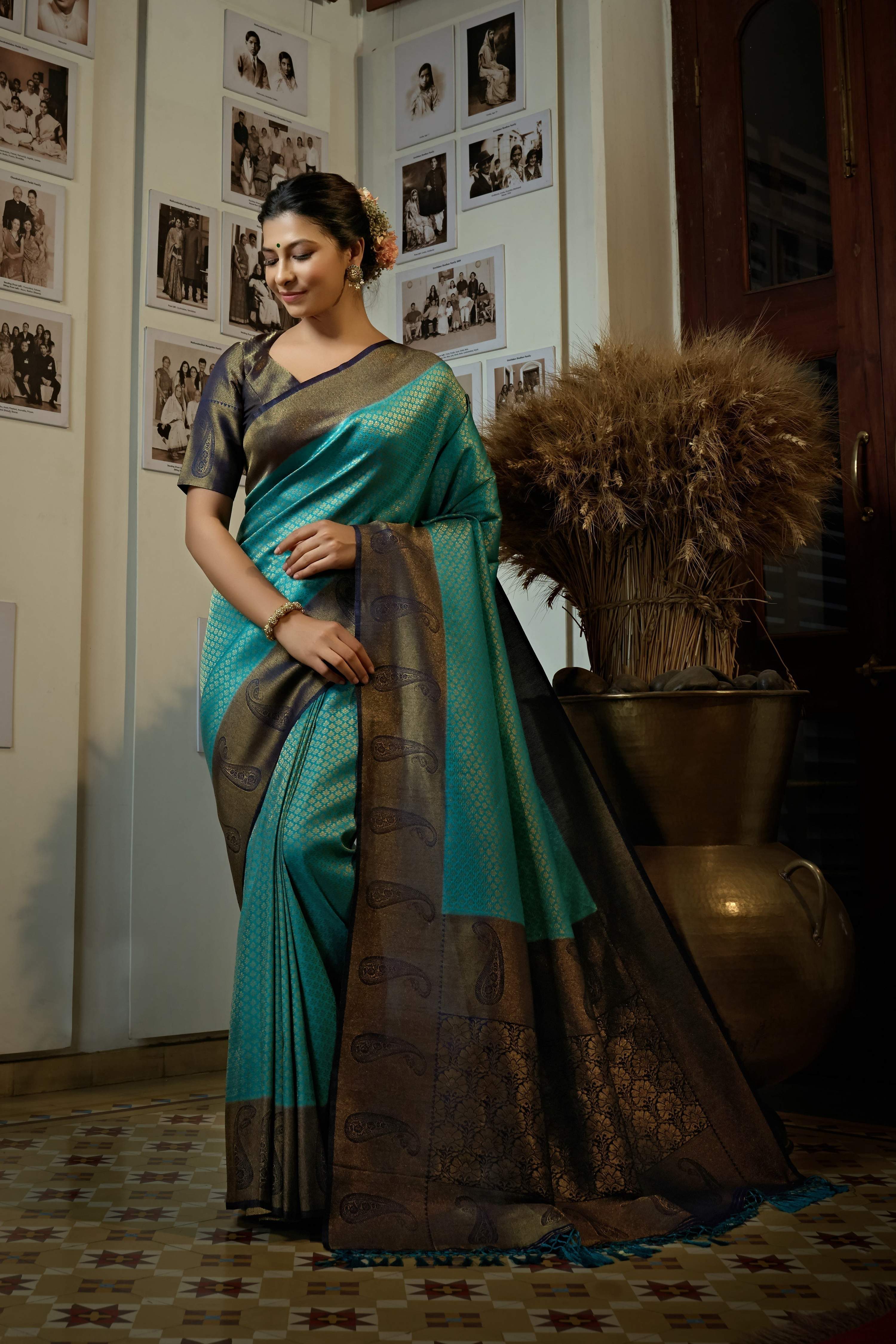 Vardha Turquoise Blue Golden Zari Kanjeevaram Silk Saree | Grocsy
