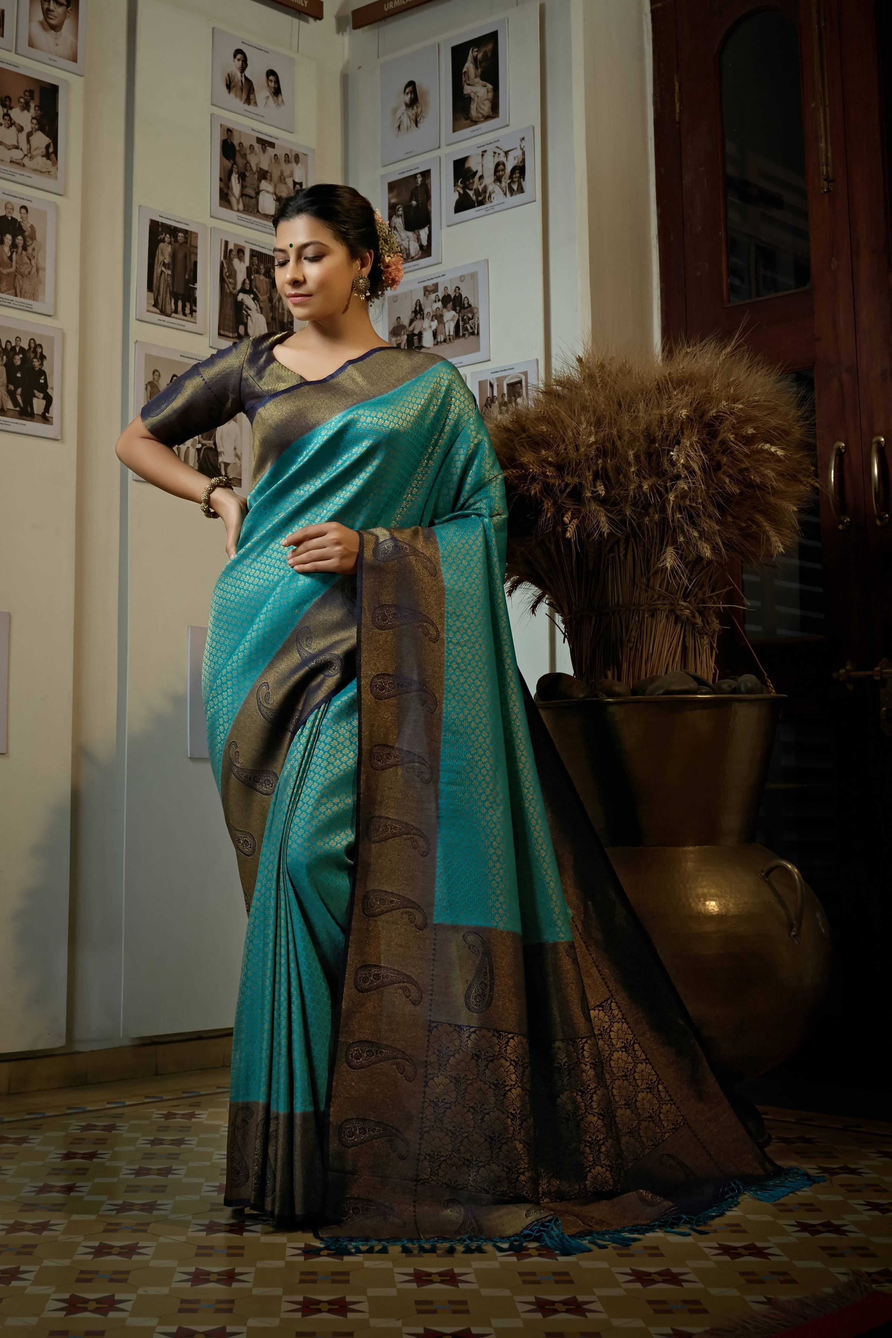 Vardha Turquoise Blue Golden Zari Kanjeevaram Silk Saree | Grocsy