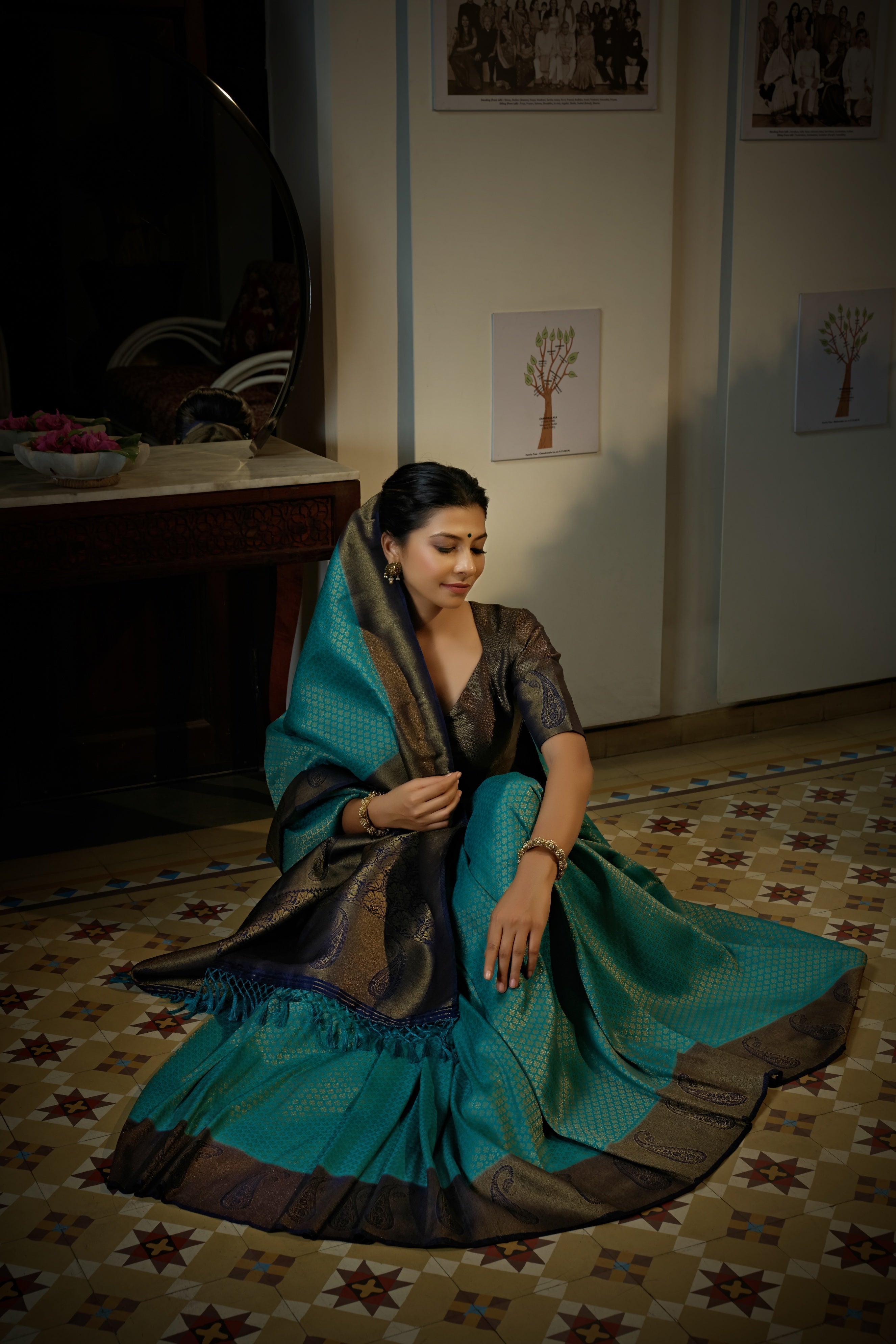 Vardha Turquoise Blue Golden Zari Kanjeevaram Silk Saree | Grocsy