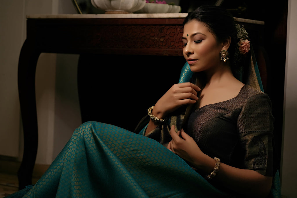 Vardha Turquoise Blue Golden Zari Kanjeevaram Silk Saree | Grocsy