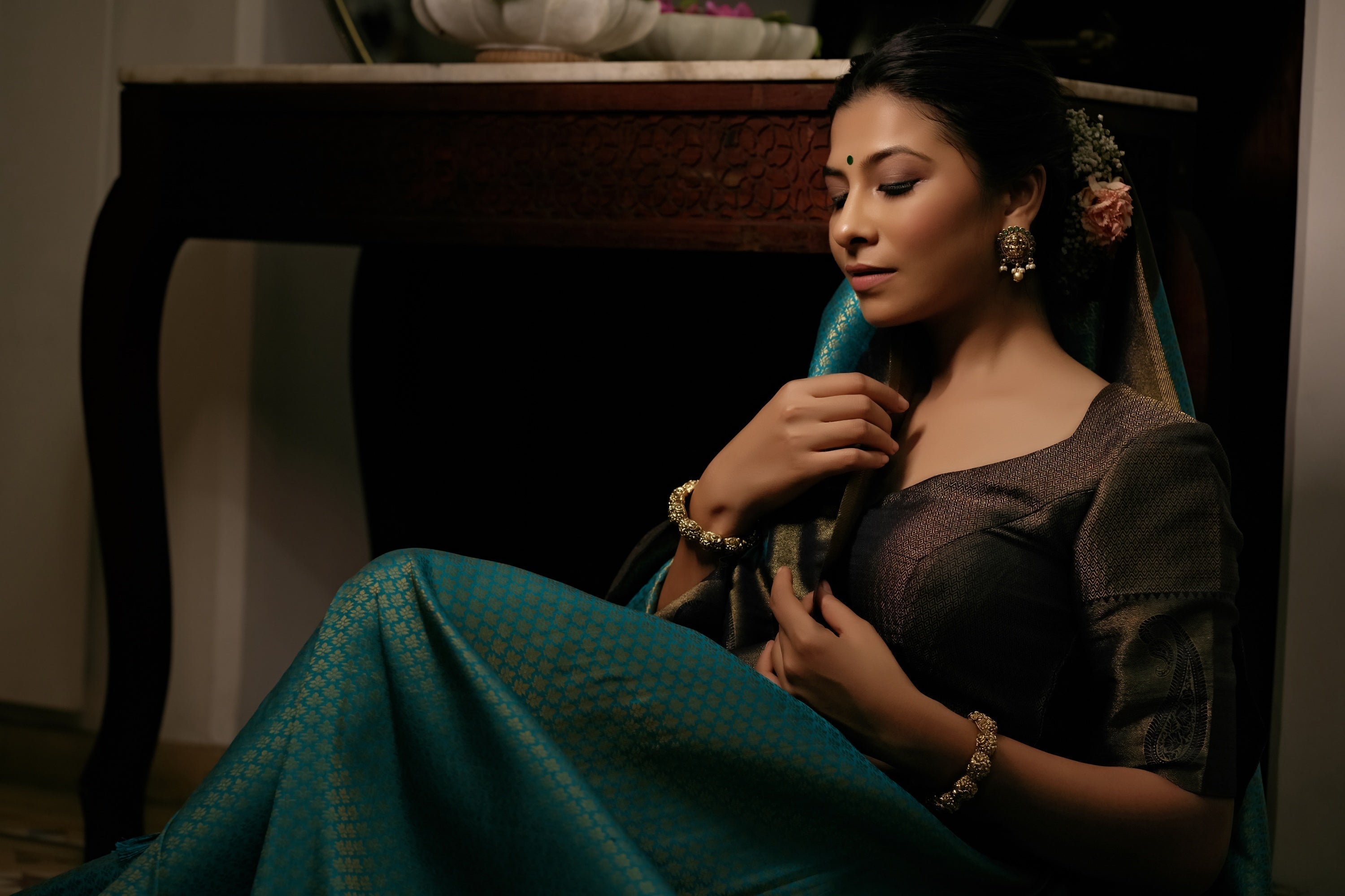 Vardha Turquoise Blue Golden Zari Kanjeevaram Silk Saree | Grocsy