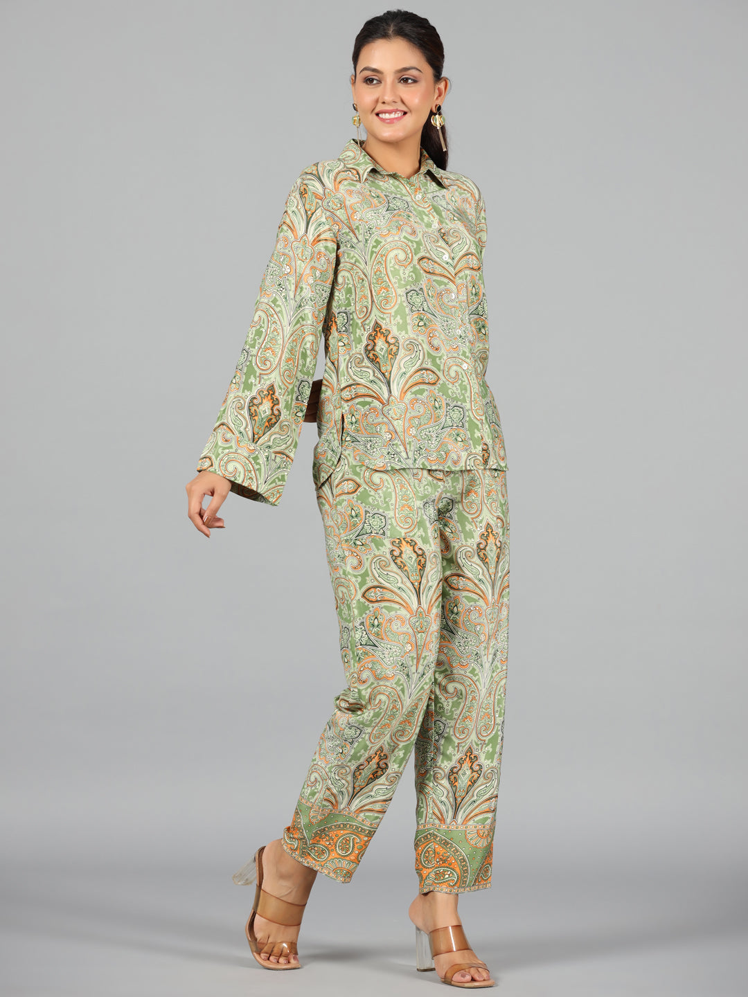 Juniper Women Green Kasturi Silk Printed Co-Ord Set | Grocsy