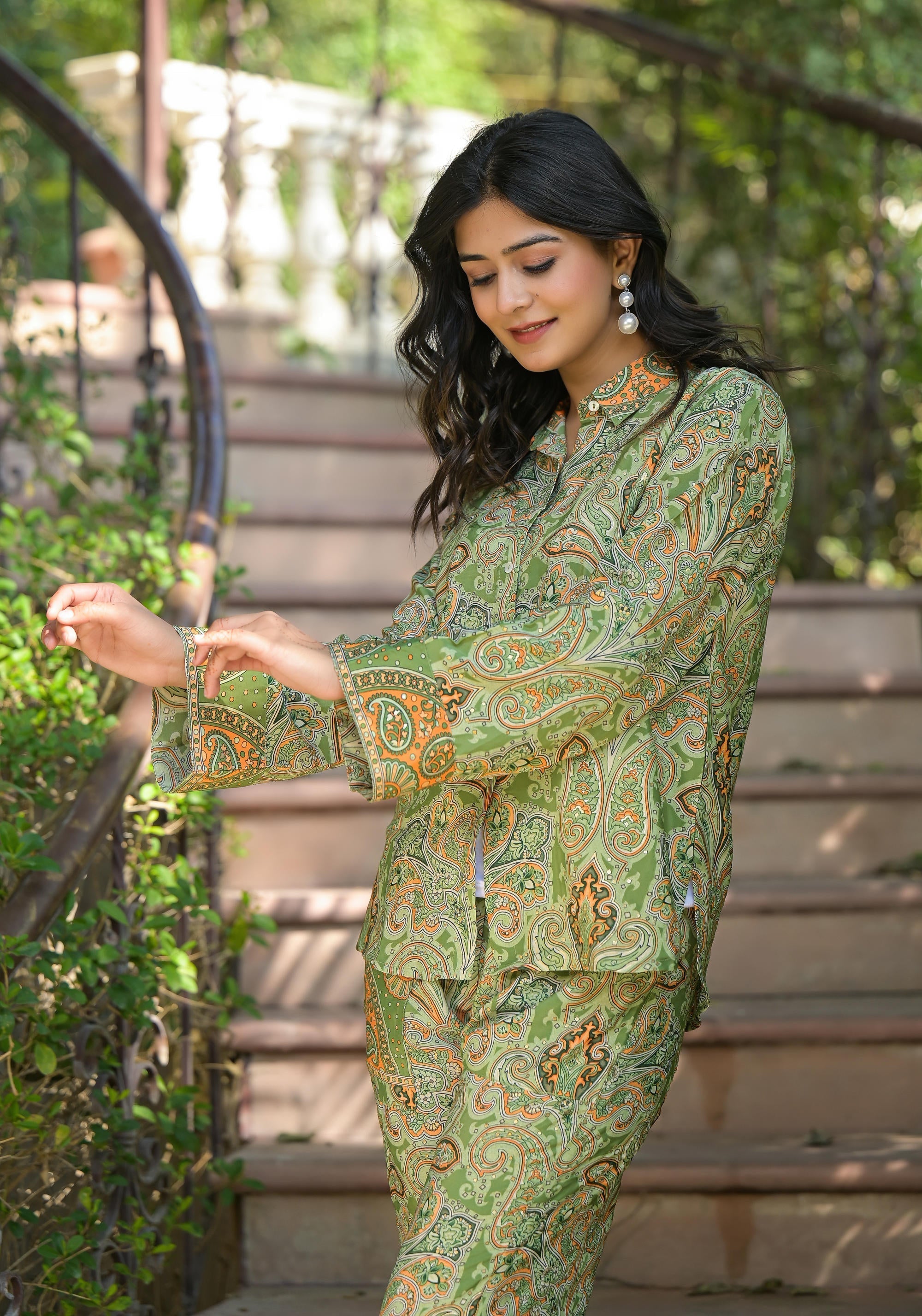 Juniper Green Floral Printed Kasturi Top & Palazzo With Buttons | Grocsy