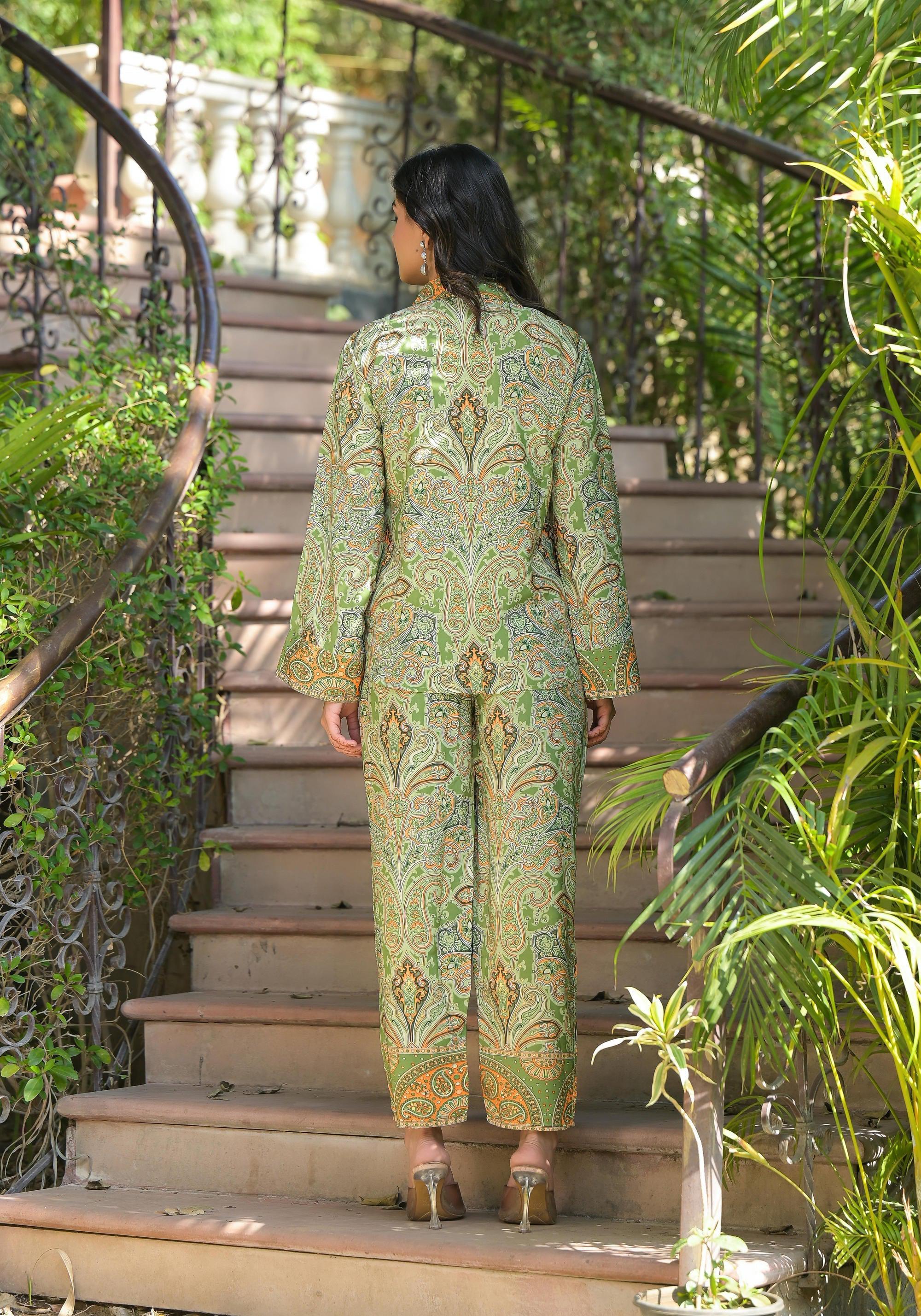 Juniper Green Floral Printed Kasturi Top & Palazzo With Buttons | Grocsy