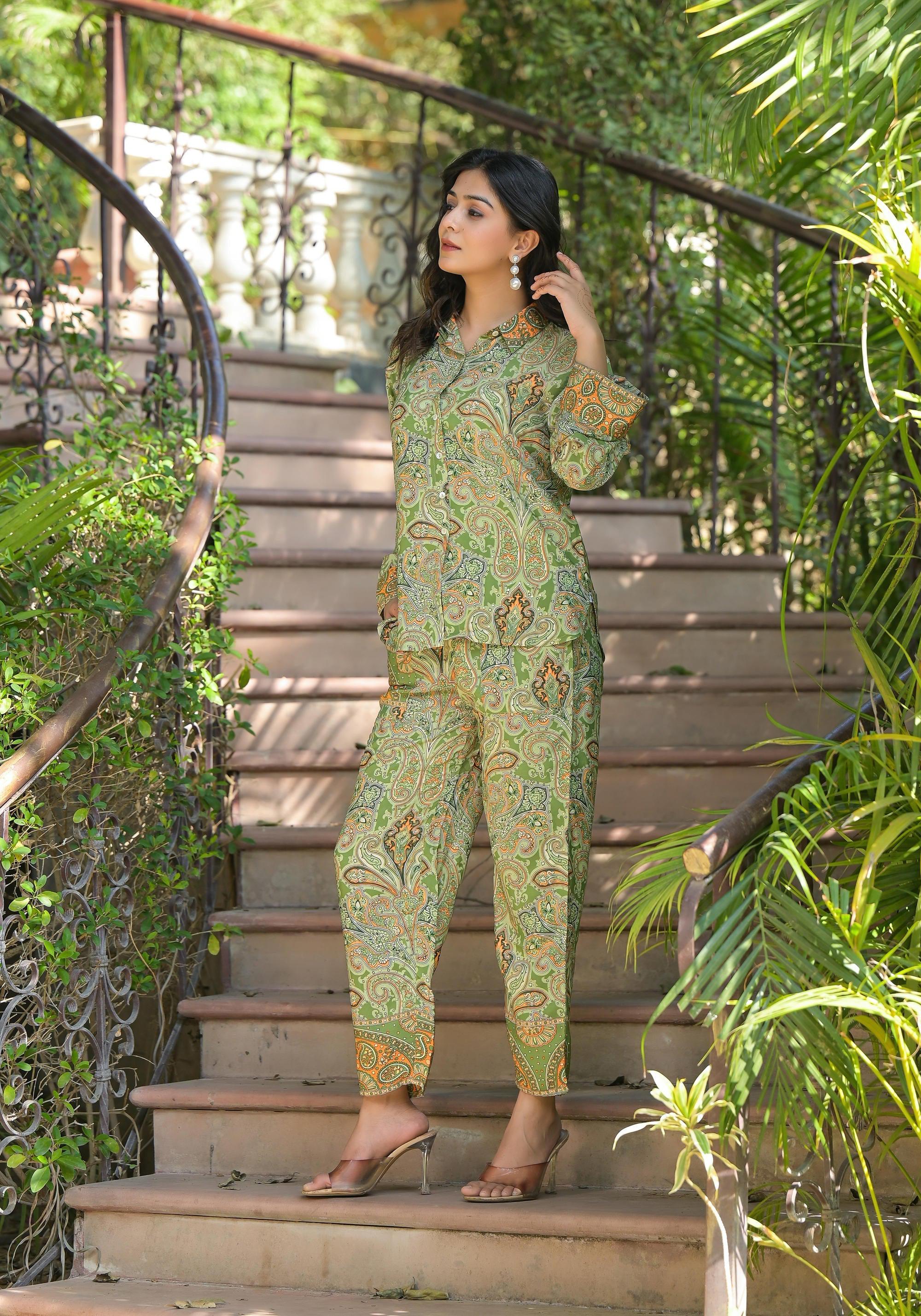 Juniper Green Floral Printed Kasturi Top & Palazzo With Buttons | Grocsy