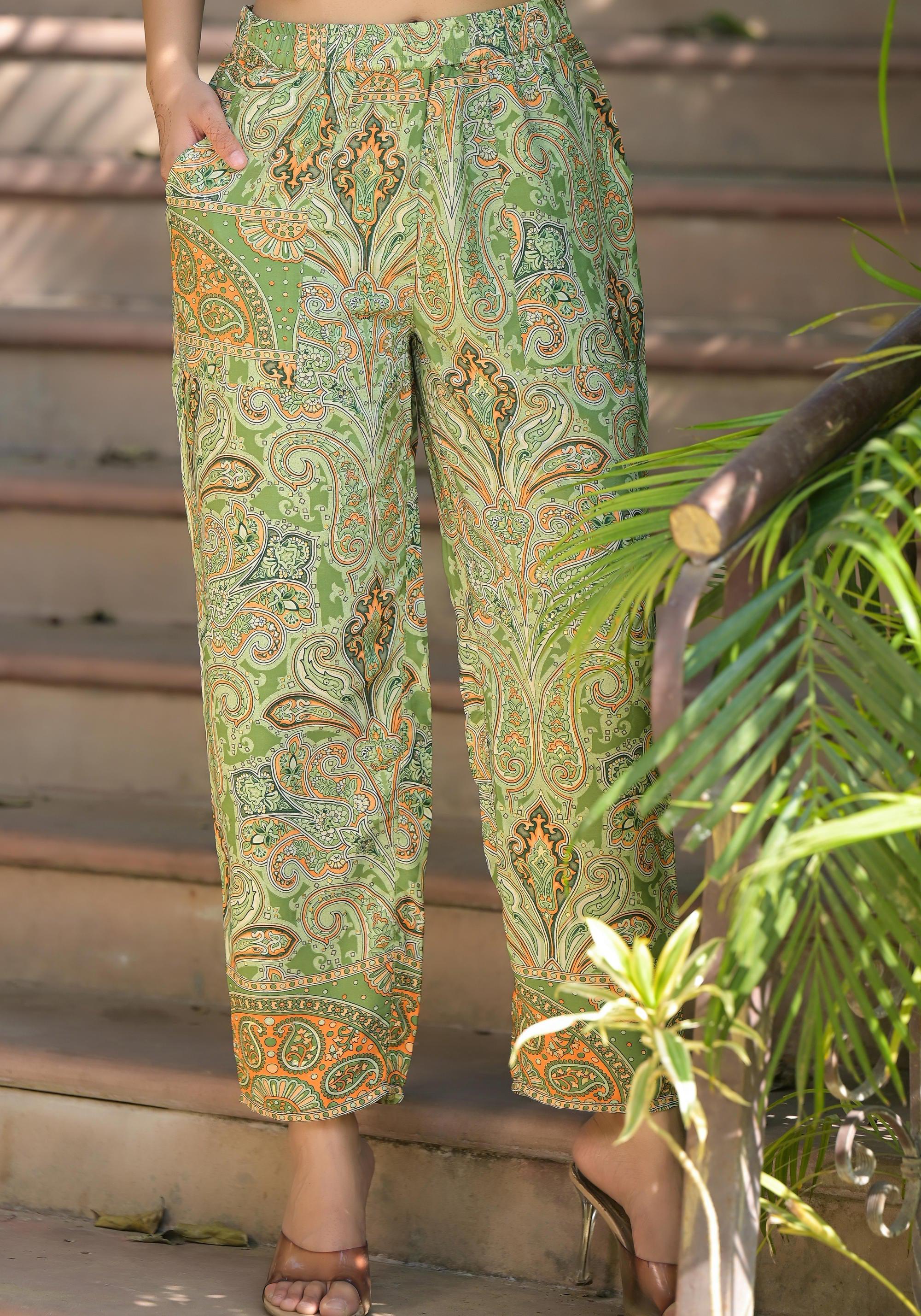 Juniper Green Floral Printed Kasturi Top & Palazzo With Buttons | Grocsy