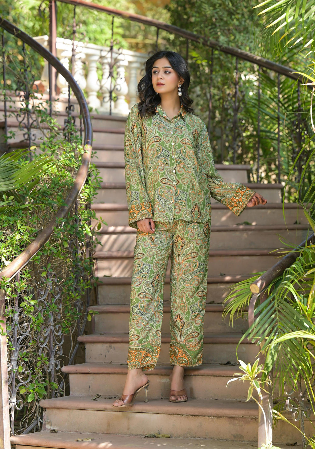 Juniper Green Floral Printed Kasturi Top & Palazzo With Buttons | Grocsy