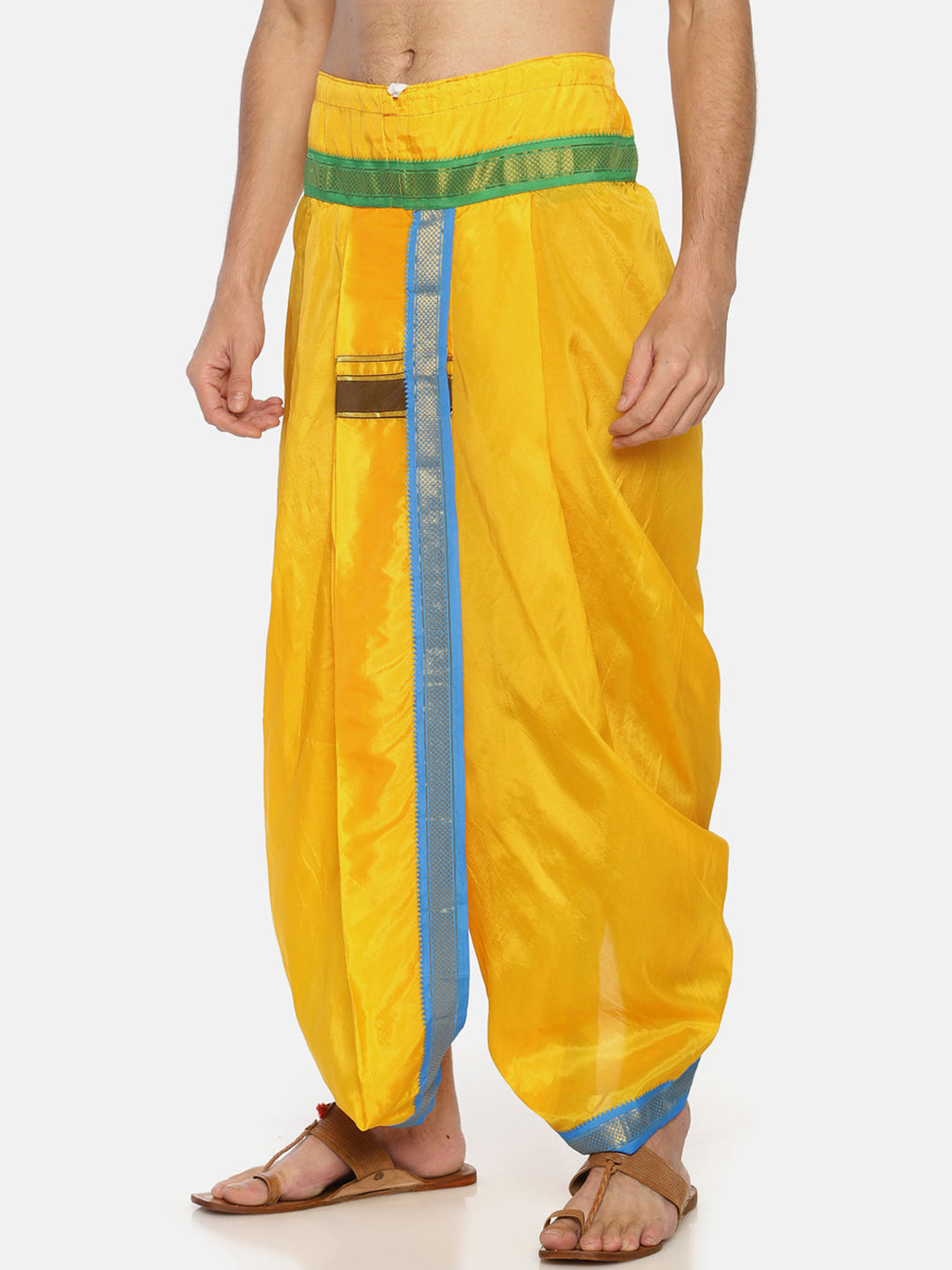 Sethukrishna Men Yellow Solid Double Layer Readymade Dhoti Pant | Grocsy