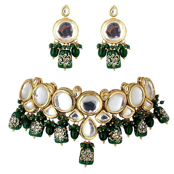 Tehzeeb Creations Back Meenakari Gold-Polished Earring Jewellery Set Uncut Kundan Big Faux Kundan Dibbi Kundan Choker Necklace Set | Grocsy