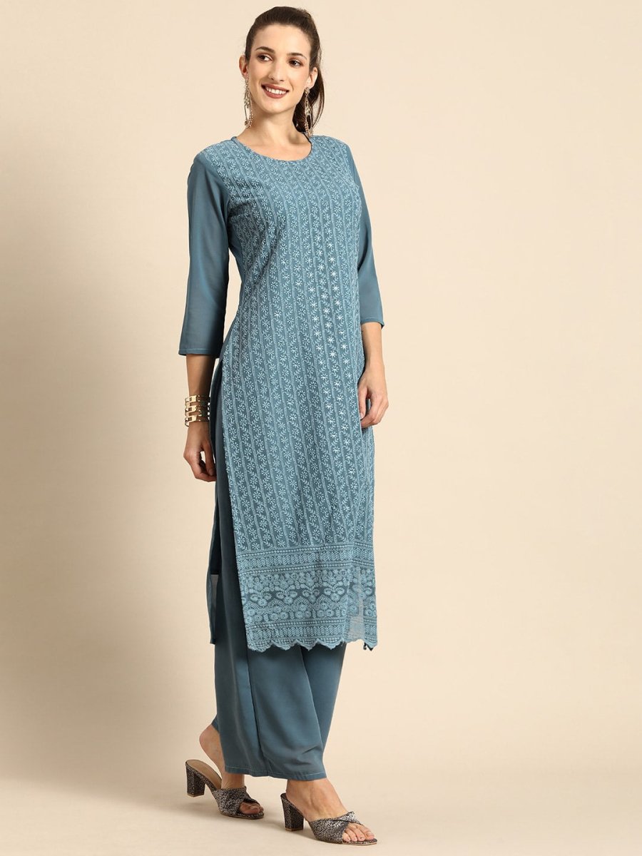 All About You Women Grey Ethnic Motifs Embroidered Regular Chikankari Kurta with Palazzos | Grocsy