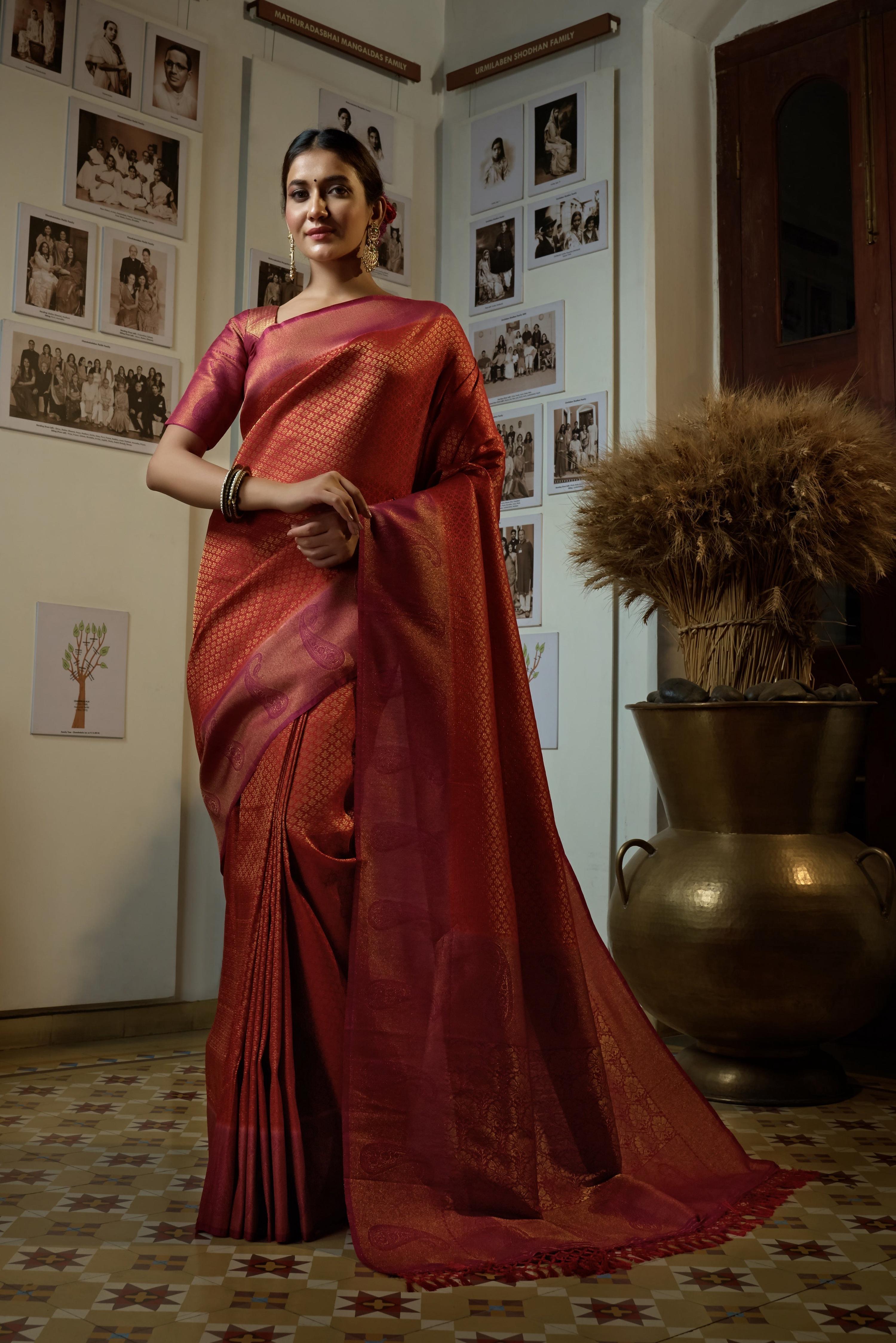 Vardha Burnt Orange Golden Zari Kanjeevaram Silk Saree | Grocsy