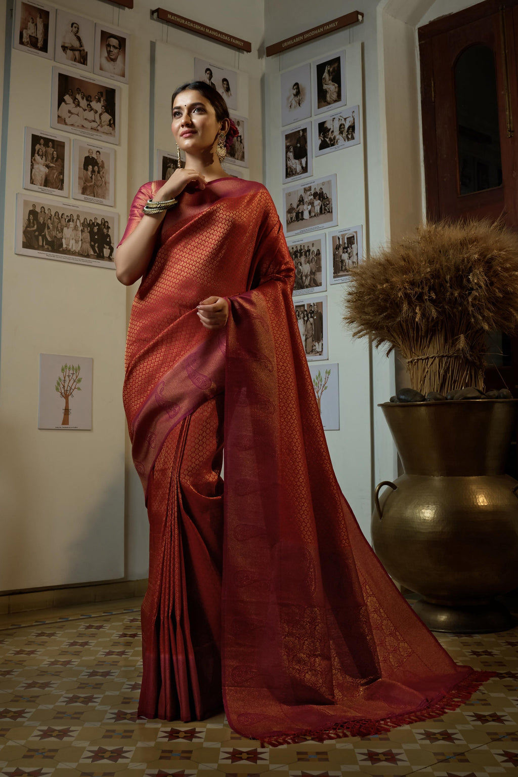 Vardha Burnt Orange Golden Zari Kanjeevaram Silk Saree | Grocsy