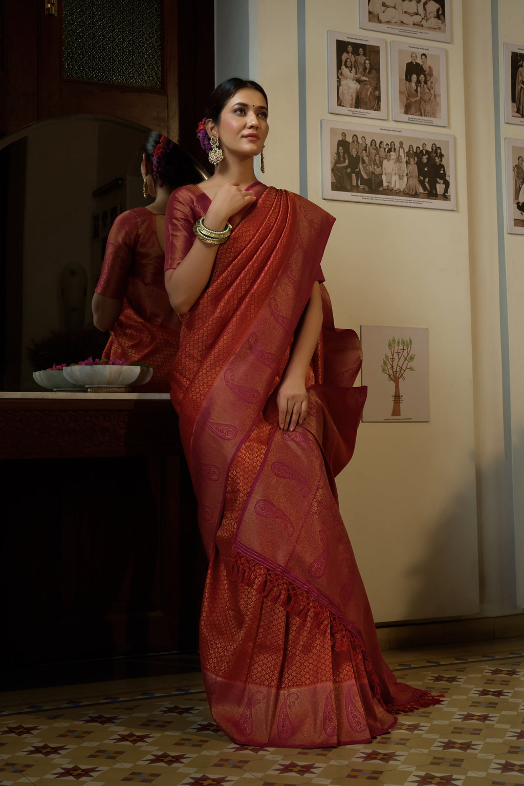 Vardha Burnt Orange Golden Zari Kanjeevaram Silk Saree | Grocsy