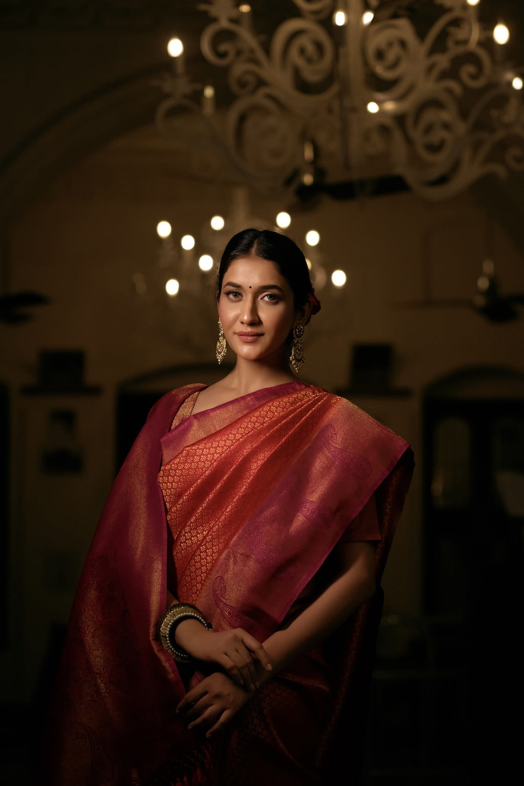 Vardha Burnt Orange Golden Zari Kanjeevaram Silk Saree | Grocsy