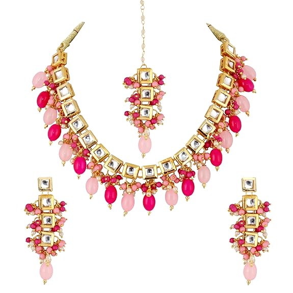 Tehzeeb Creations Back Meenakari Gold-Polished Square Shape Tika Earring Jewellery Set Uncut Kundan Big Faux Kundan Dibbi Kundan Choker Necklace Set | Grocsy