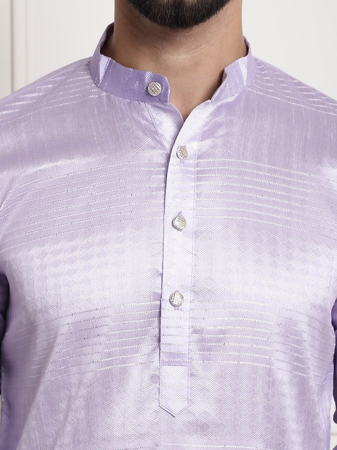 Sojanya Woven Design Mandarin Collar Silk Cotton Kurta | Grocsy