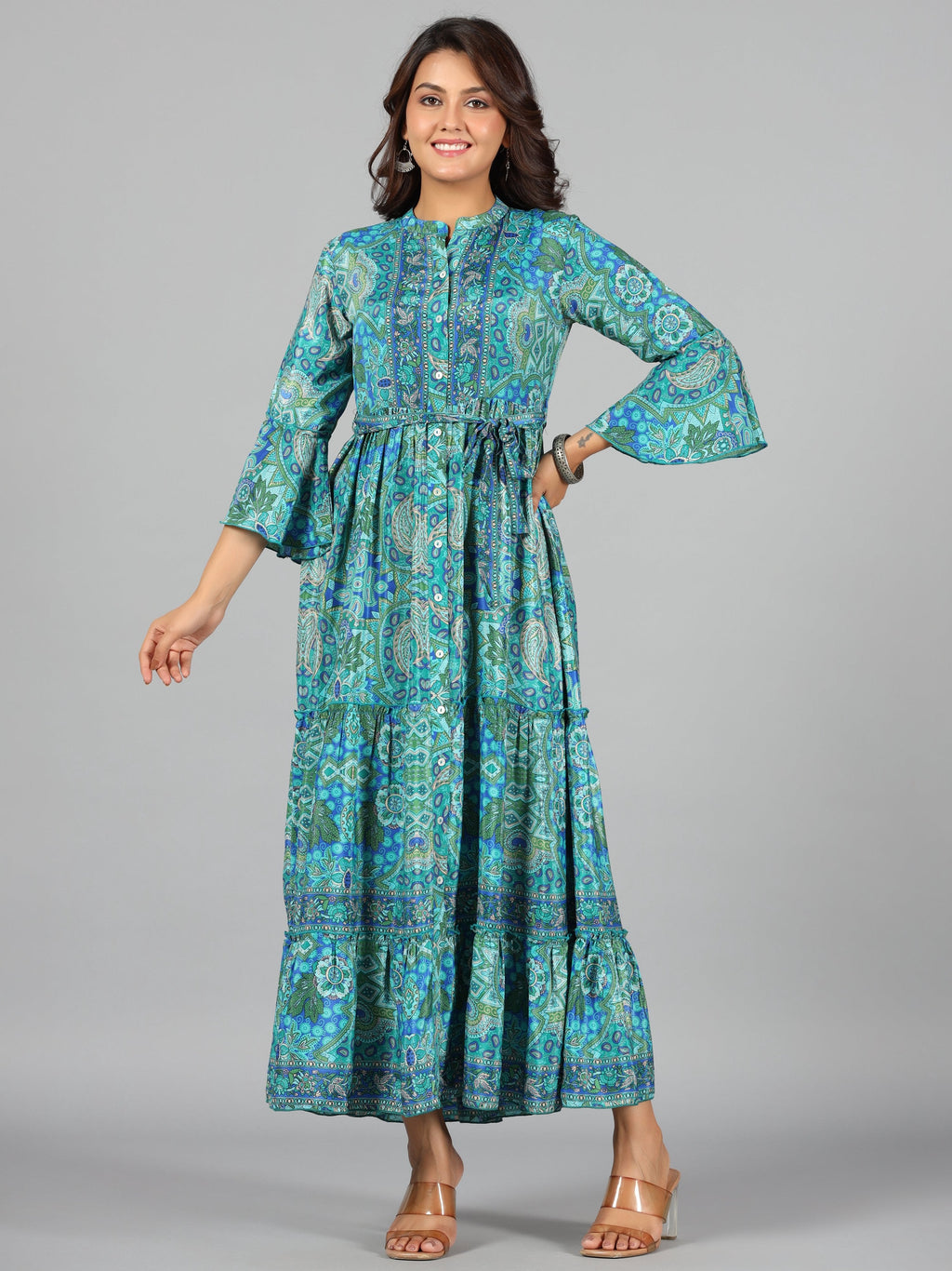 Juniper Women Blue Kasturi Silk Printed Tiered Maxi Dress | Grocsy