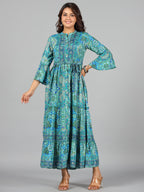 Juniper Women Blue Kasturi Silk Printed Tiered Maxi Dress | Grocsy