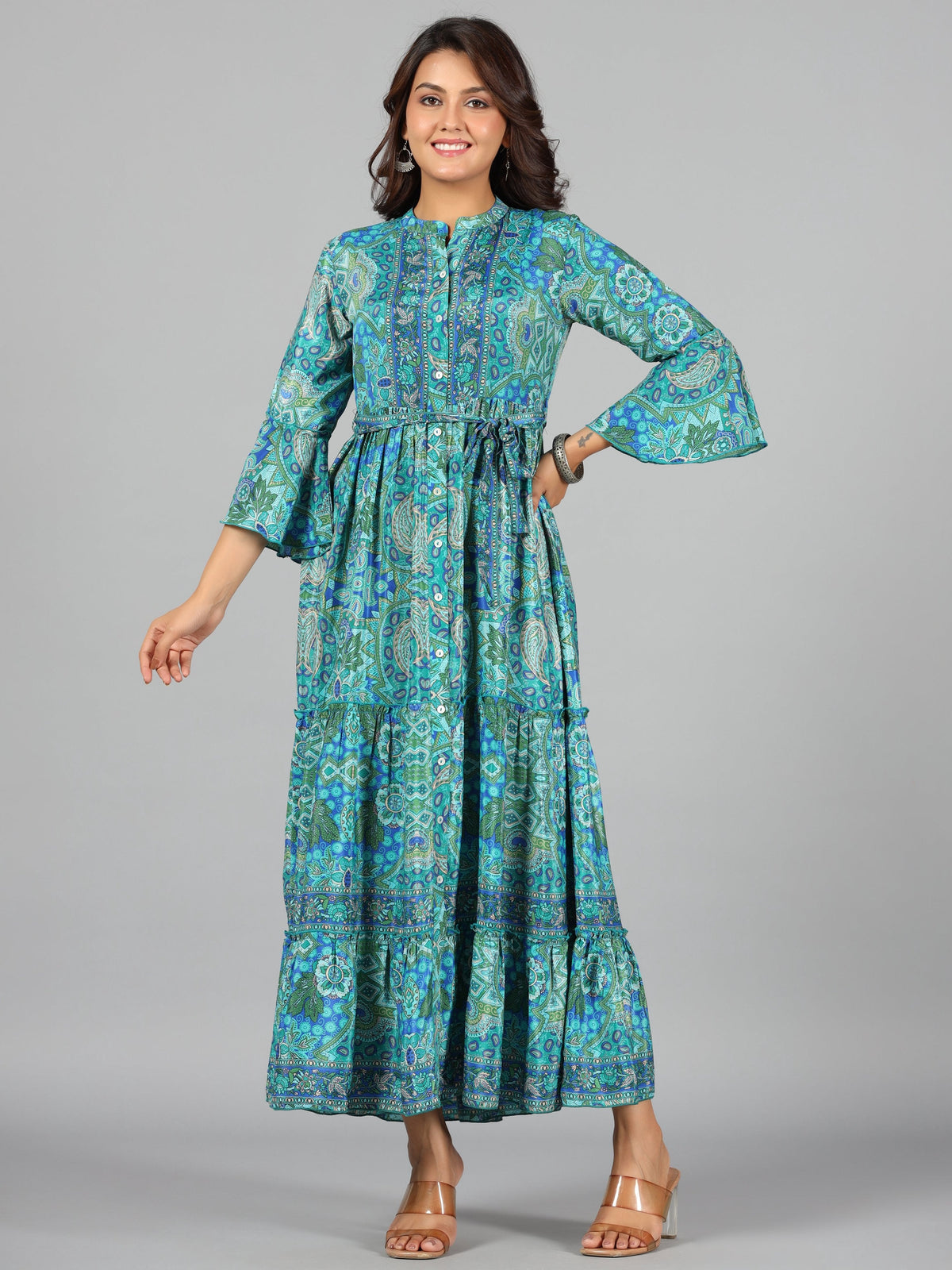 Juniper Women Blue Kasturi Silk Printed Tiered Maxi Dress | Grocsy