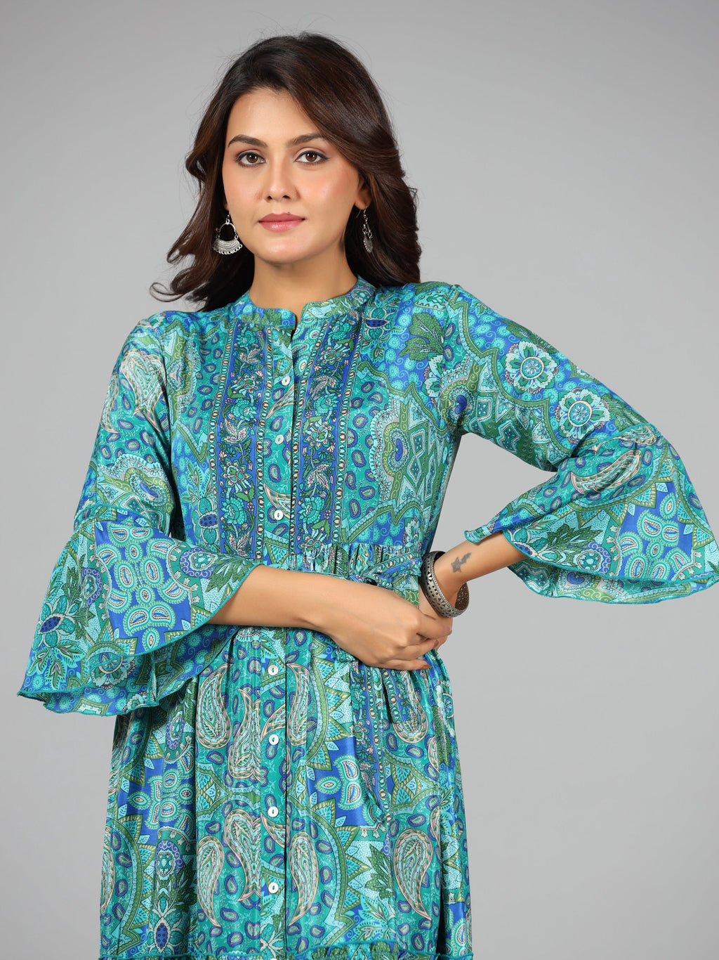 Juniper Women Blue Kasturi Silk Printed Tiered Maxi Dress | Grocsy
