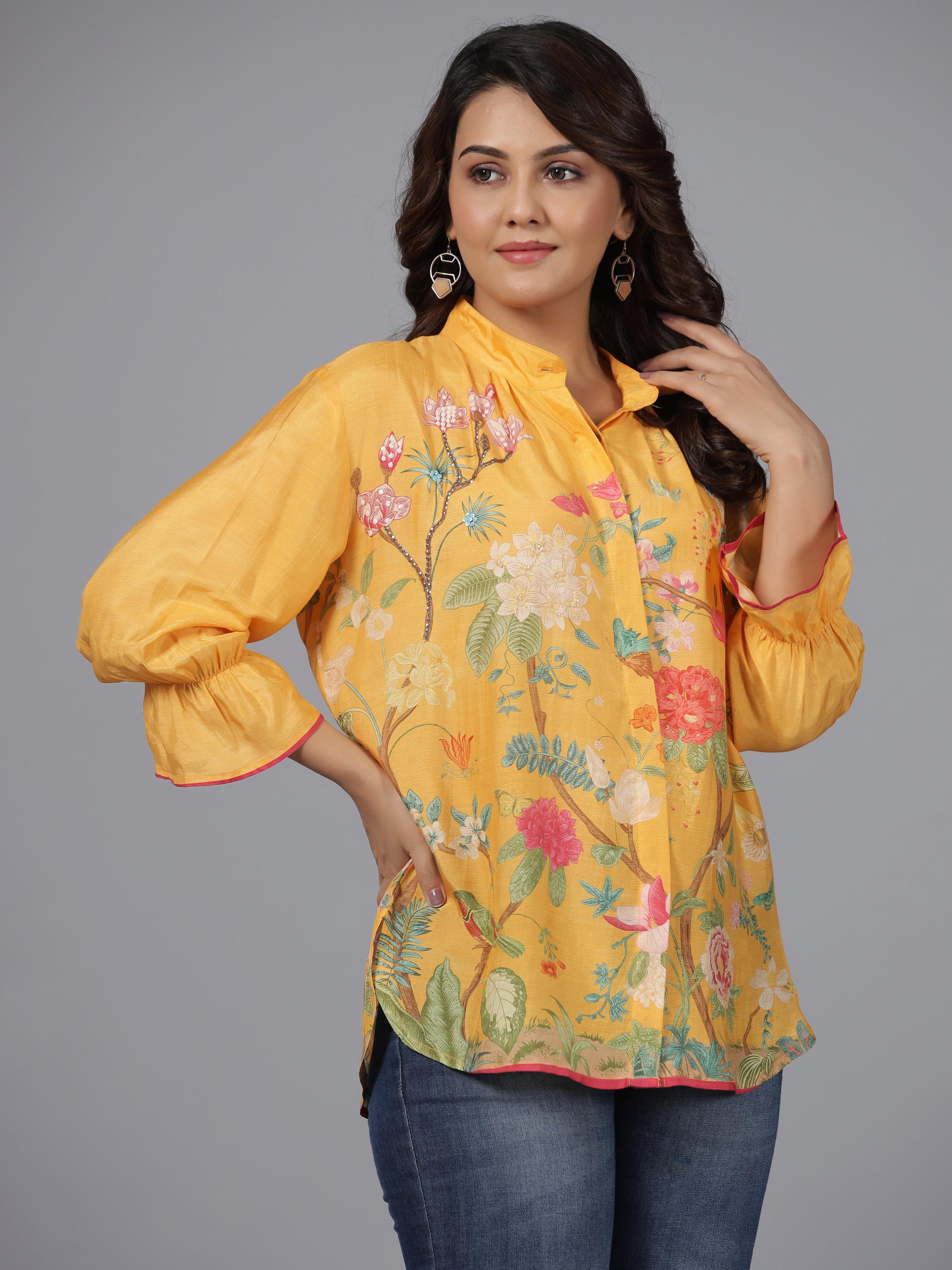 Juniper Women Yellow Muslin Printed Tunic | Grocsy