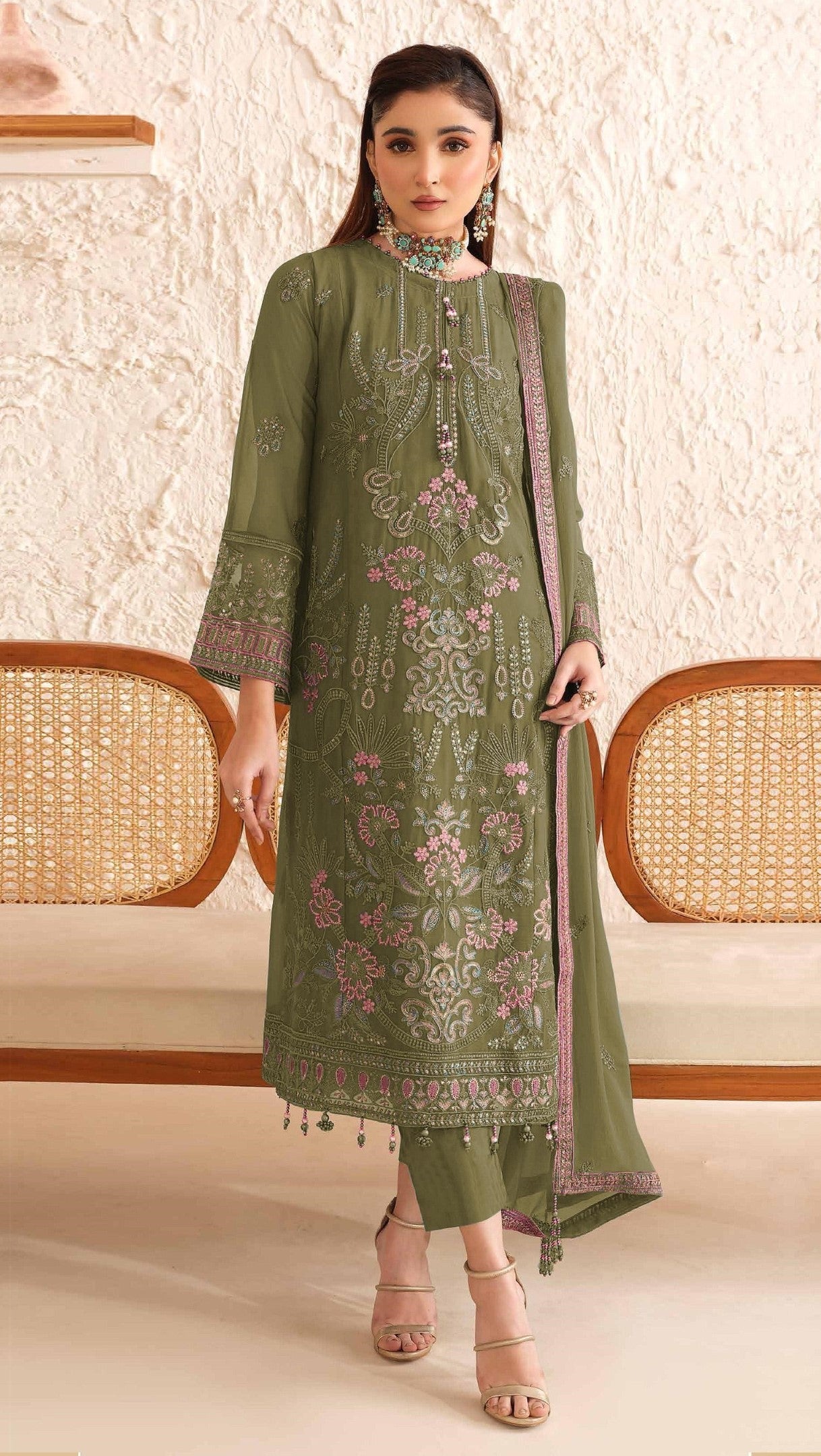 Anaita Mehendi Fox Georgette Suit With Embroidered Sequence Work | Grocsy