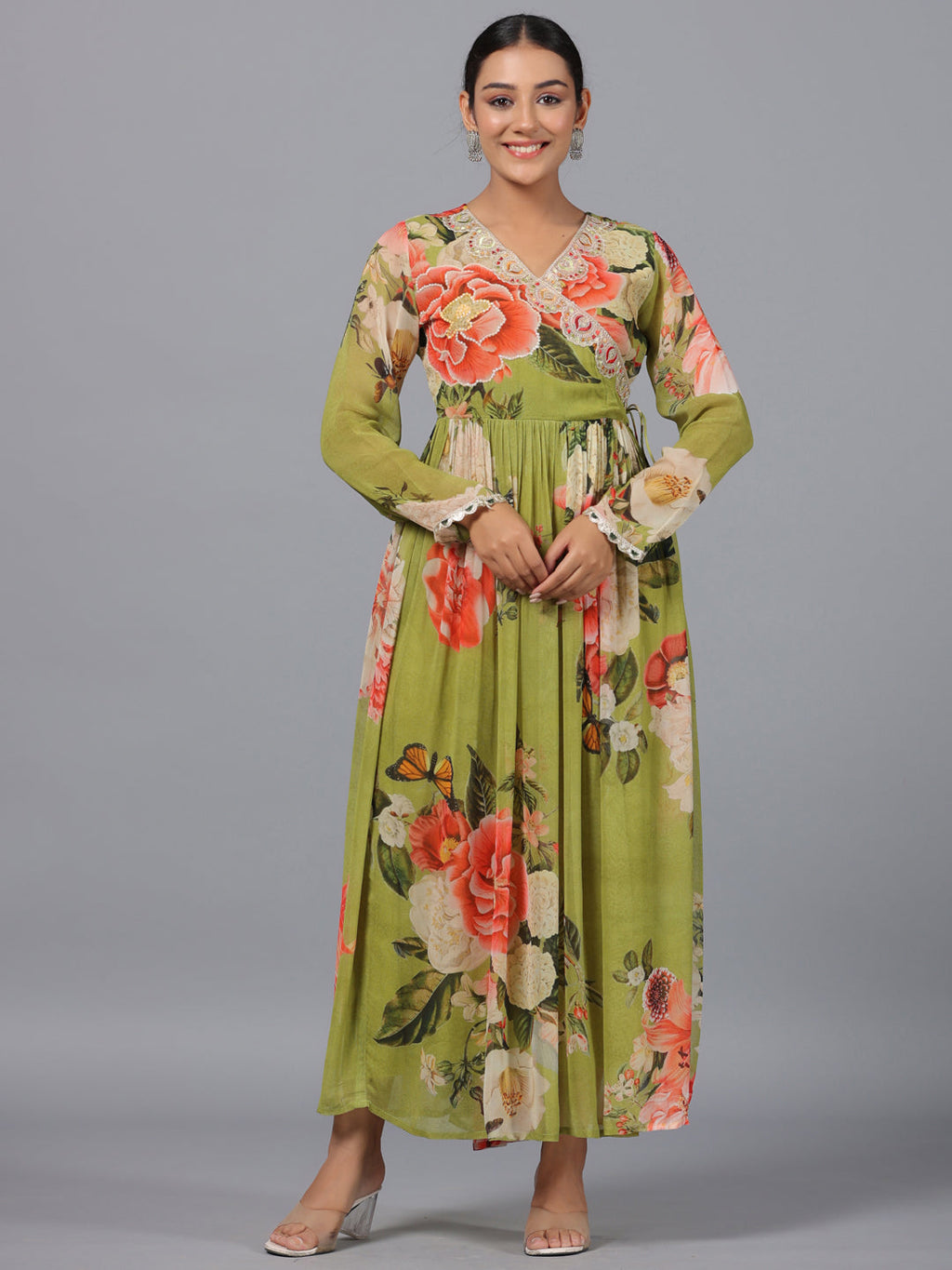 Juniper Women Green Georgette Printed Maxi Dress | Grocsy