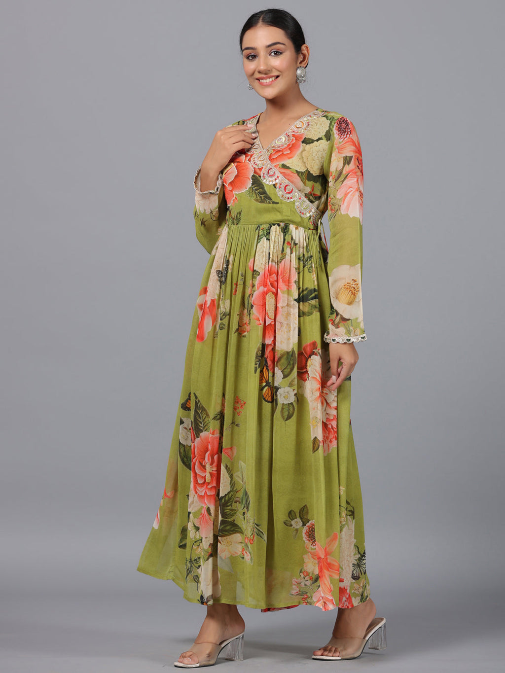 Juniper Women Green Georgette Printed Maxi Dress | Grocsy