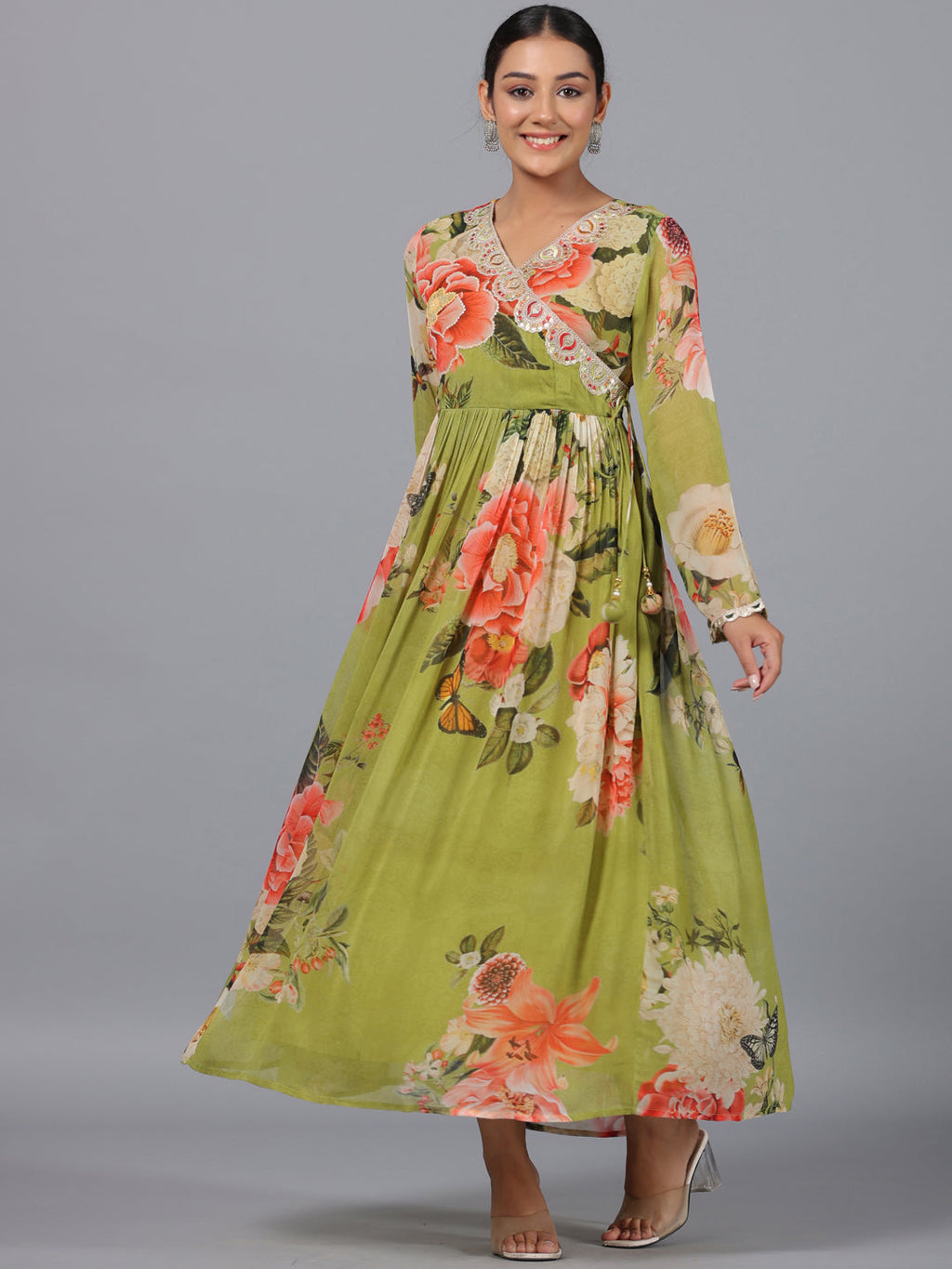 Juniper Women Green Georgette Printed Maxi Dress | Grocsy