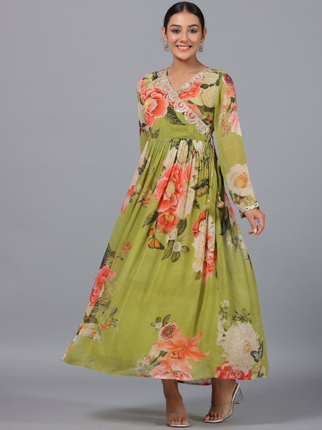 Juniper Women Green Georgette Printed Maxi Dress | Grocsy