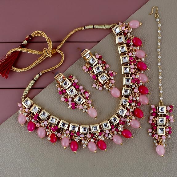 Tehzeeb Creations Back Meenakari Gold-Polished Square Shape Tika Earring Jewellery Set Uncut Kundan Big Faux Kundan Dibbi Kundan Choker Necklace Set | Grocsy