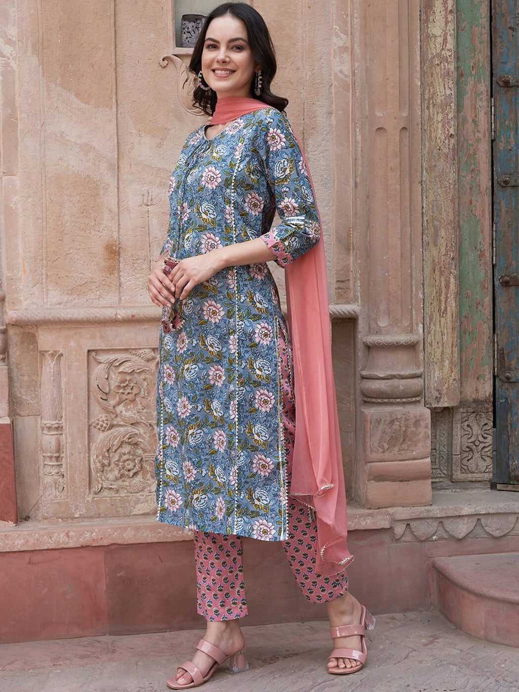 Sangria Blue Floral Printed Gotta Patti Pure Cotton Kurta with Trousers & Dupatta | Grocsy
