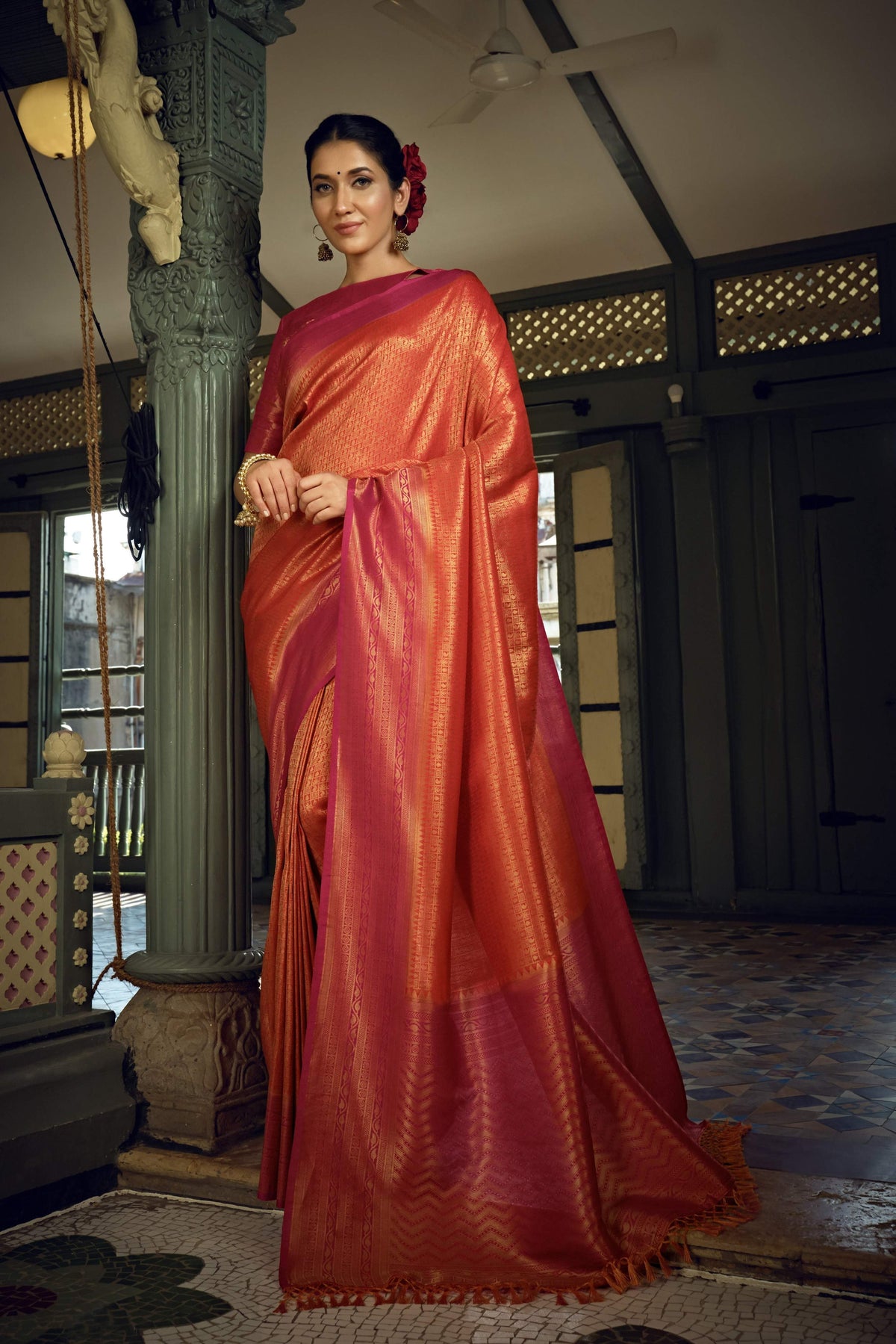Vardha Sunset Orange Golden Zari Kanjeevaram Silk Saree | Grocsy