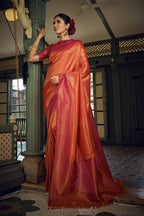 Vardha Sunset Orange Golden Zari Kanjeevaram Silk Saree | Grocsy