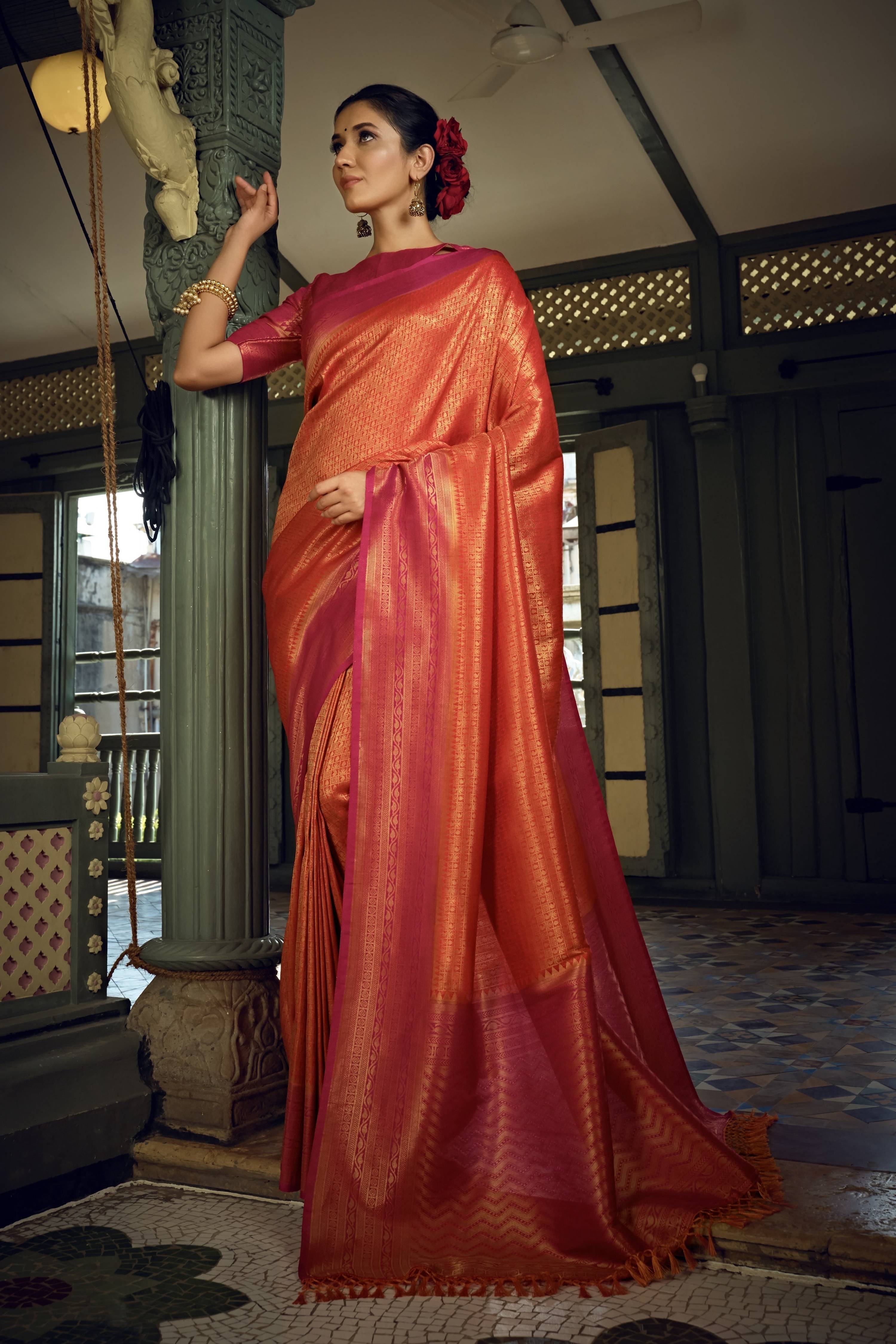 Vardha Sunset Orange Golden Zari Kanjeevaram Silk Saree | Grocsy