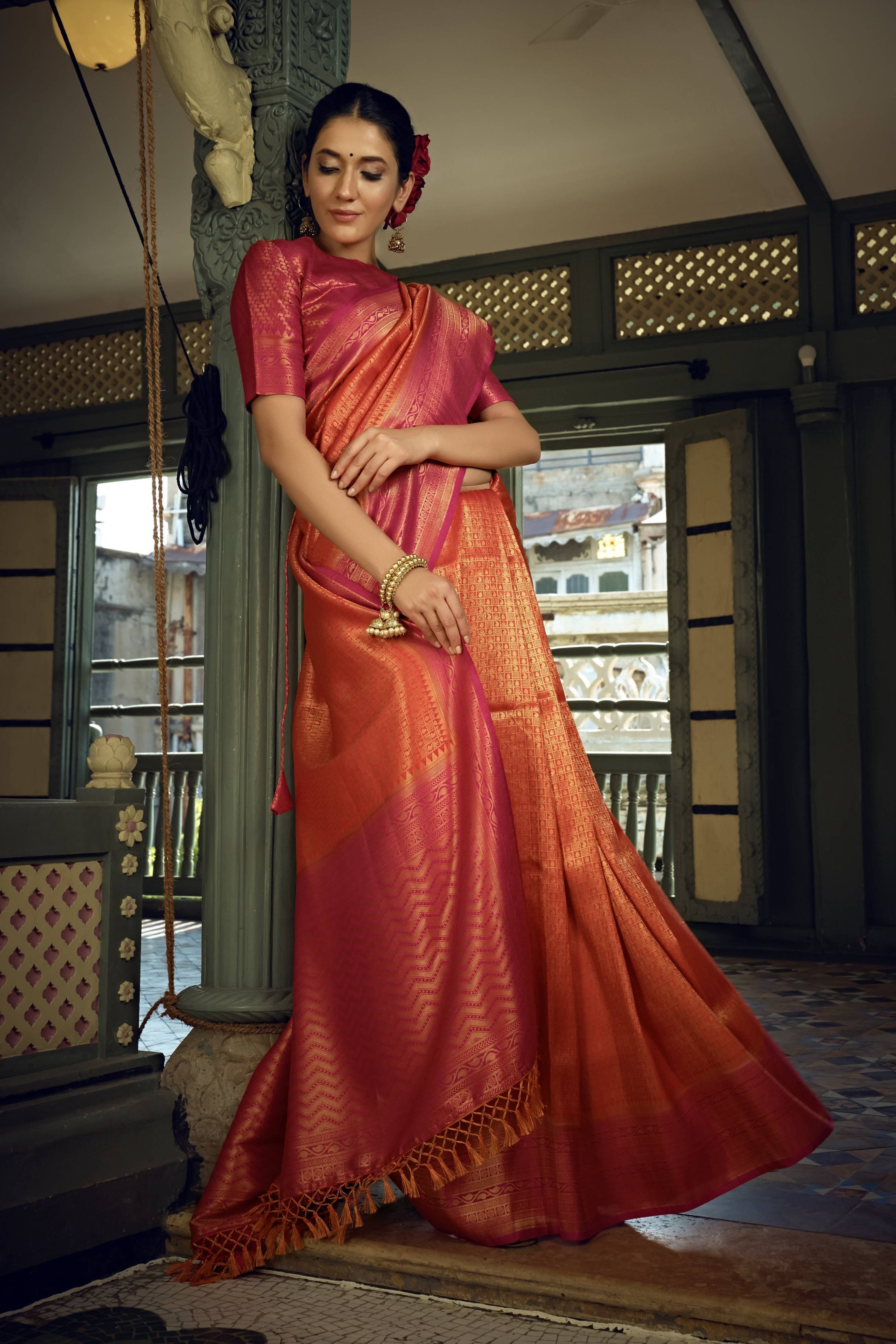 Vardha Sunset Orange Golden Zari Kanjeevaram Silk Saree | Grocsy