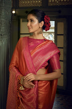 Vardha Sunset Orange Golden Zari Kanjeevaram Silk Saree | Grocsy