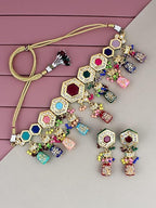 Tehzeeb Creations Back Meenakari Gold-Polished MultiColor Tika Earring Jewellery Set Uncut Kundan Choker Necklace Set | Grocsy